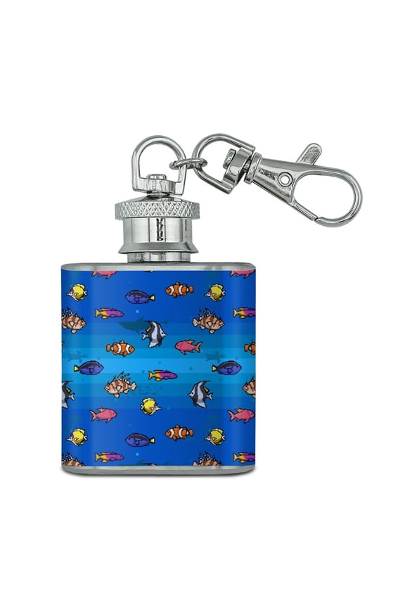 Pixel Tropical Ocean Fish Pattern Stainless Steel 1oz Mini Flask Key Chain