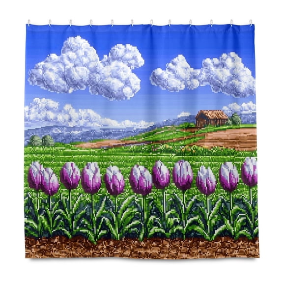 Pixel Tulip Field 72x72 Waterproof Shower Curtain Liners Durable Metal C-Hooks Fade-Proof Thermal Print Anti-Splash