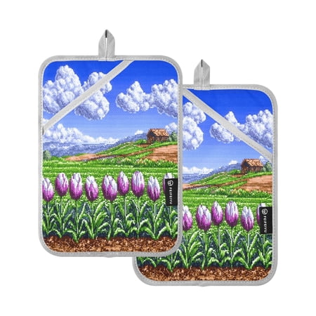 Pixel Tulip Field 7x9.8in Pot Holder Set Heat-Resistant Oven Hot Pads Durable with Storage Loop