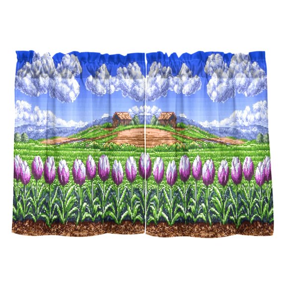 Pixel Tulip Field Kitchen Curtains Tier Set 27x24 Inch 2 Panels Semi Sheer Light Filtering Privacy UV Protection