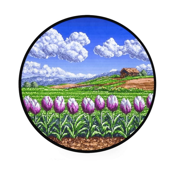 Pixel Tulip Field Memory Foam Bath Mat 36" Absorbent Rug with Non Slip Base and 4 Bonus Pads