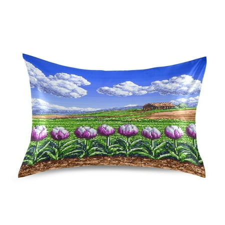 Pixel Tulip Field Standard Size Satin Pillowcase 20''x26'' Double-Sided Print Soft Wrinkle Resistant
