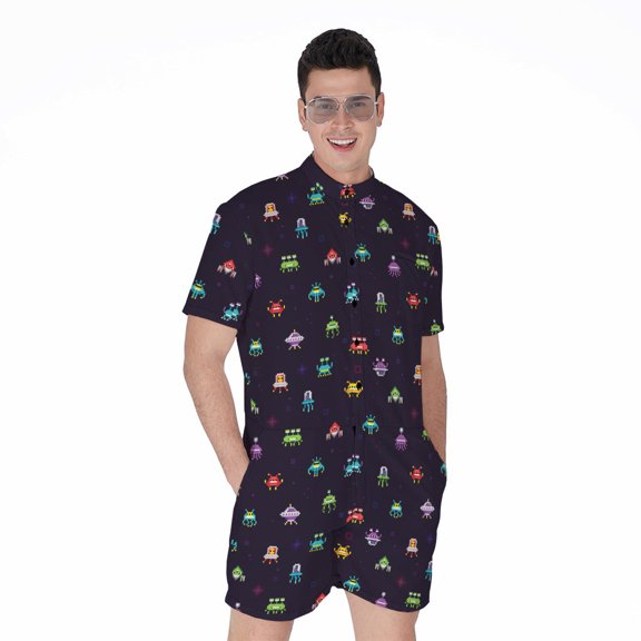 Pixel Ufo Aliens Pattern Short Sleeve Men'S Rompers, Alien Ufo Space Casual Summer Jumpsuits Outfit