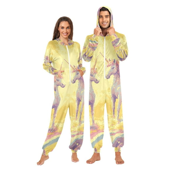 Pixel Unicorns and Rainbow Adult Onesie Pajamas Slim Fit Christmas One Piece Suit Pjs for Women and Men Hooded Zipper