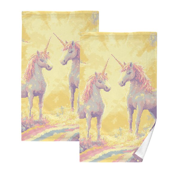 Pixel Unicorns and Rainbow Hand Towels Cotton Bath Towels Large Face Towels Absorbent for Bathroom 2 Packs