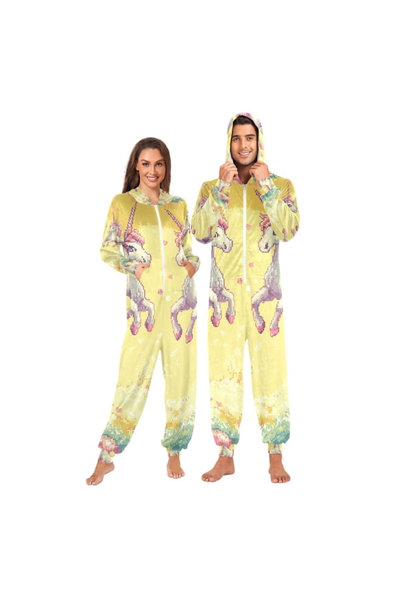 Pixel Unicorns in Clouds Adult Onesie Pajamas Slim Fit Christmas One Piece Suit Pjs for Women and Men Hooded Zipper