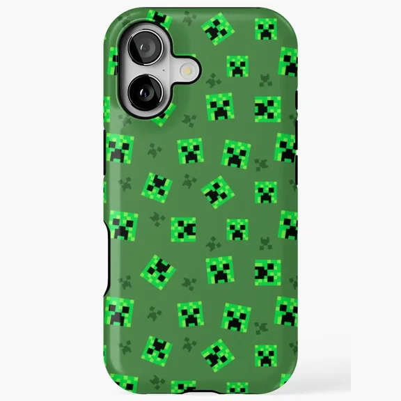 Pixel Video Game Green Monster Pattern Protective Case for iPhone 11 12 13 14 15 16 17 Pro Max