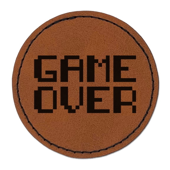 Pixel Video Game Over Text 2.5" Faux Leather Round Engraved Iron-On Patch - Brown