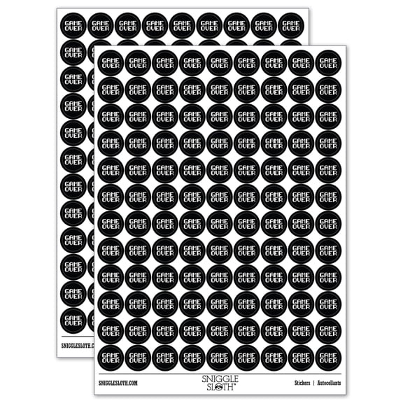 Pixel Video Game Over Text Round Sticker Set - Black - Gloss Finish - 0.50" Size