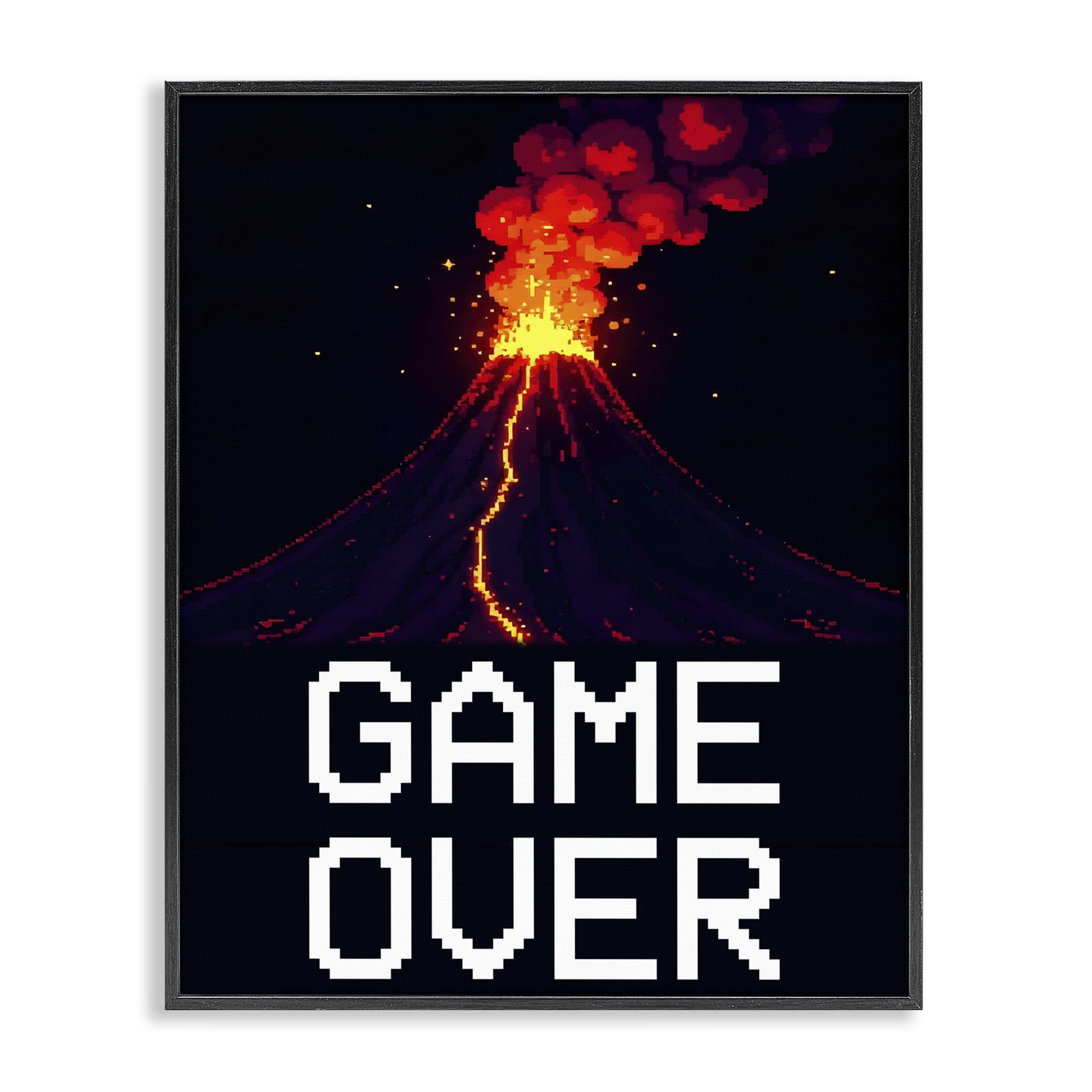 Pixel Volcano Game Over Black Framed Giclee Art, design by Kim Allen