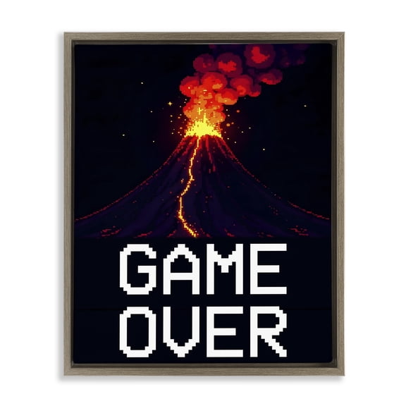 Pixel Volcano Game Over Brown Framed Floater Canvas Wall Art, design by Kim Allen