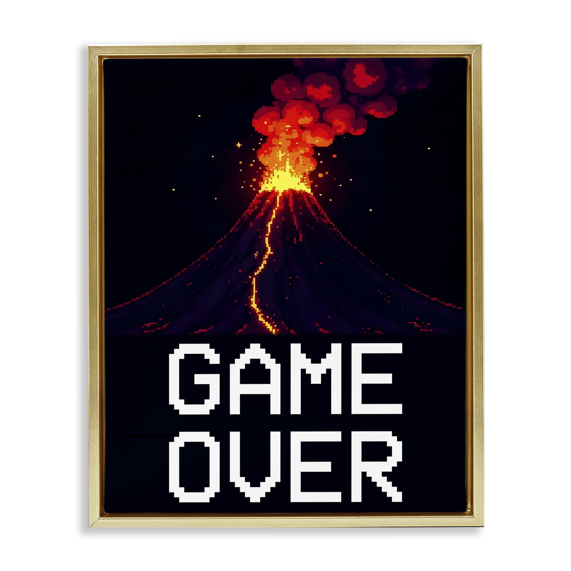 Pixel Volcano Game Over Gold Framed Floater Canvas Wall Art, design by Kim Allen
