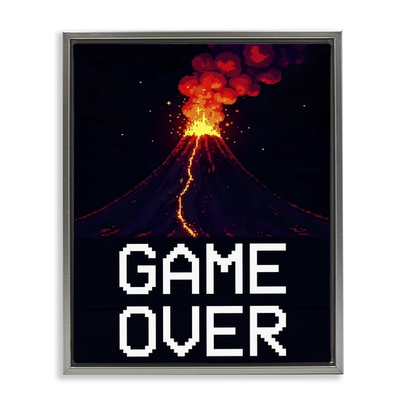 Pixel Volcano Game Over Gray Framed Floater Canvas Wall Art, design by Kim Allen