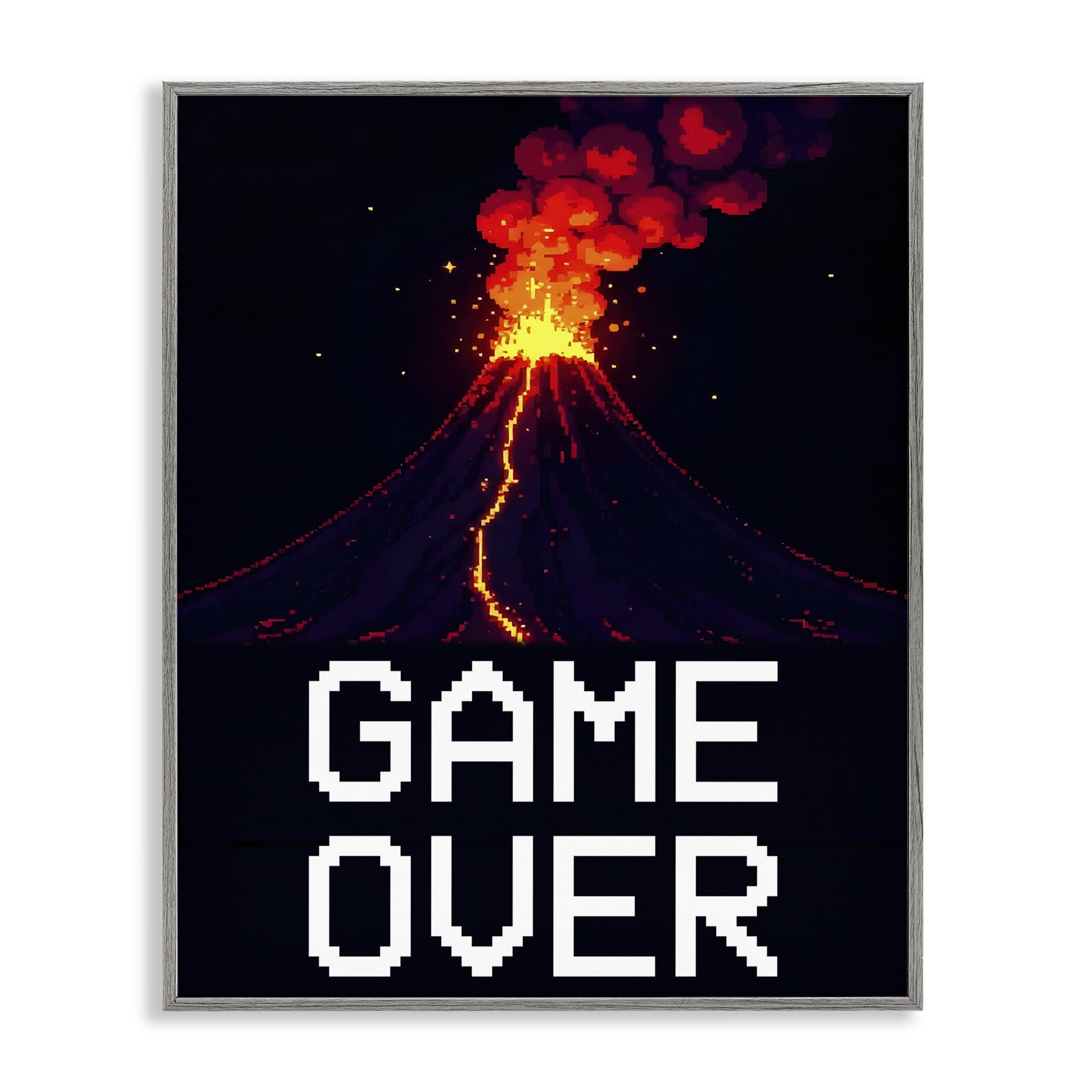 Pixel Volcano Game Over Gray Framed Giclee Art, design by Kim Allen
