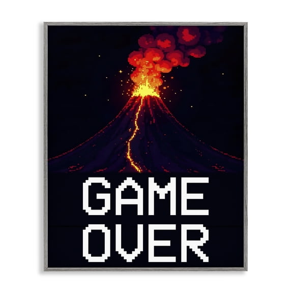 Pixel Volcano Game Over Gray Framed Giclee Art, design by Kim Allen