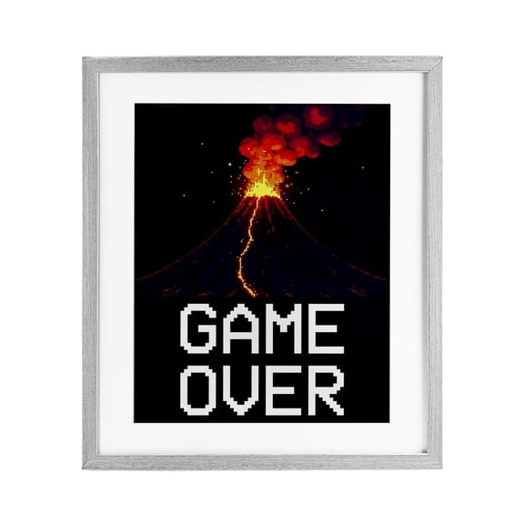 Pixel Volcano Game Over Gray Framed Print Under Glass, design by Kim Allen