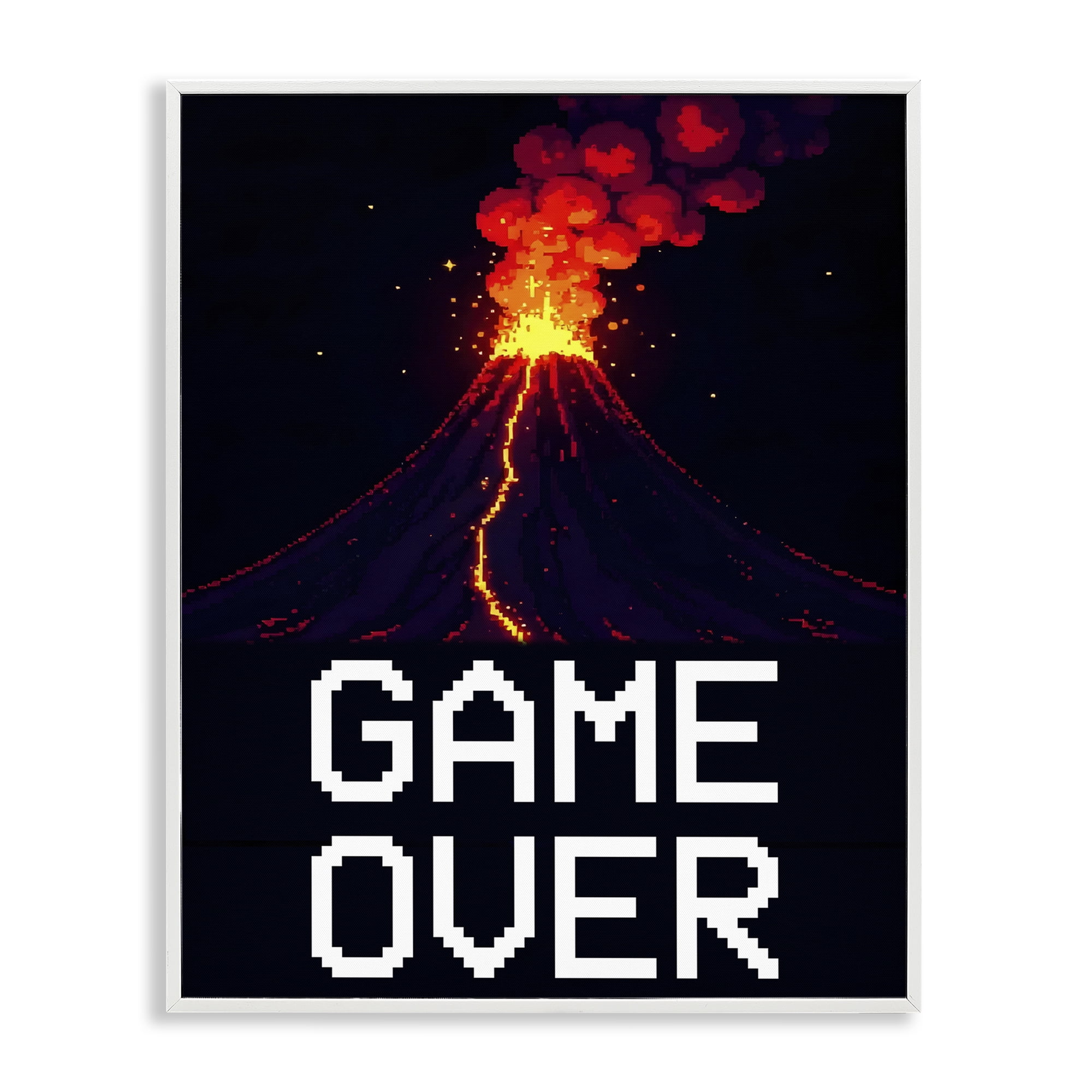 Pixel Volcano Game Over White Framed Giclee Art, design by Kim Allen