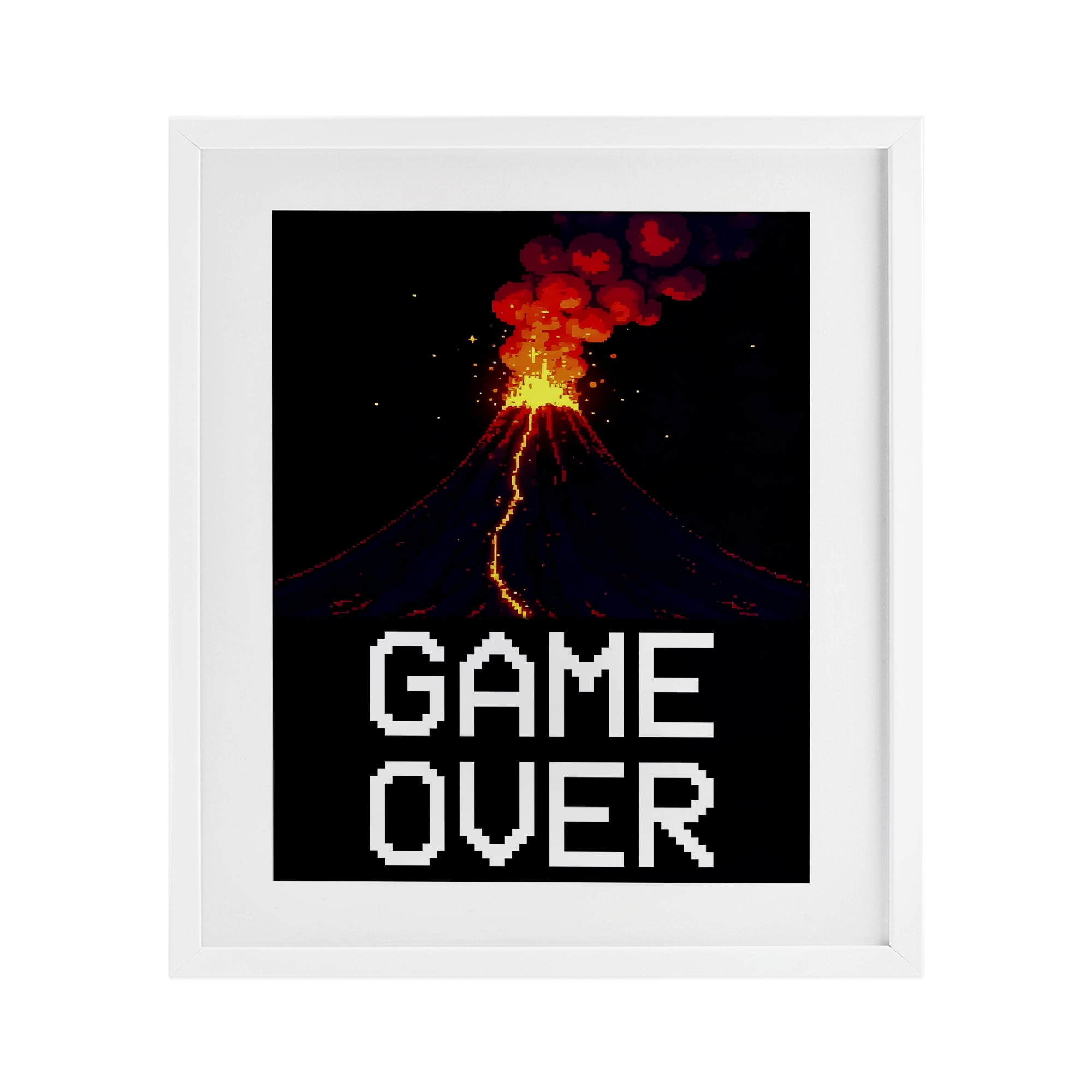 Pixel Volcano Game Over White Framed Print Under Glass, design by Kim Allen