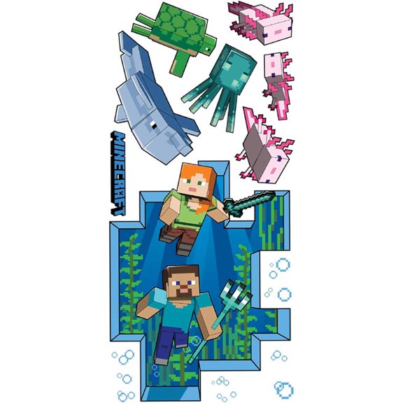 Pixel Water World Block Wall Decal Set - 31" x 11.8" Removable Underwater Theme Mural for Gaming Room, Desk & Study - Peel & Stick Vinyl Stickers