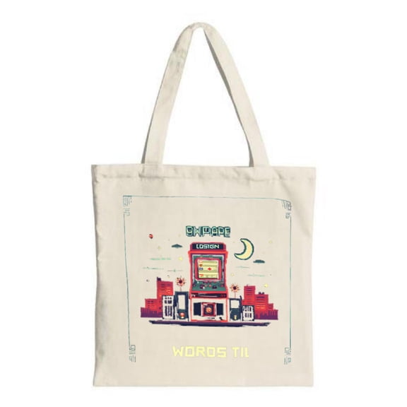 Pixel art tote bag featuring a classic machine labeled ' SNUDDGE ' and ' LONDON ' with a vibrant cityscape and ' WORDS III ' in yellow