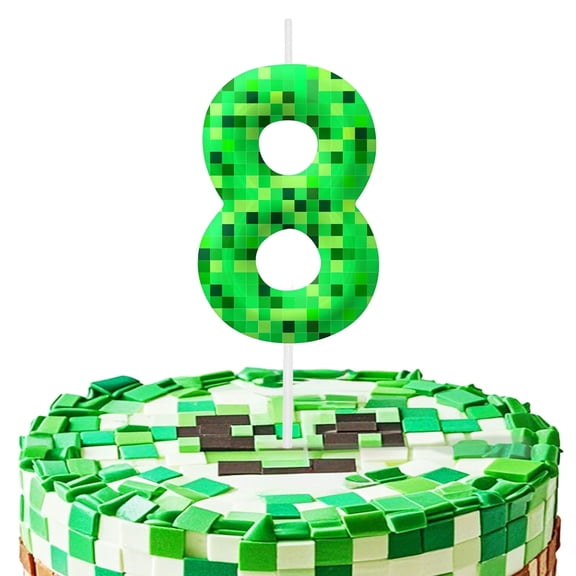 Pixel world number 8 birthday candle (8 candle), green number 8 candle, pixel style party decoration, birthday cake decoration