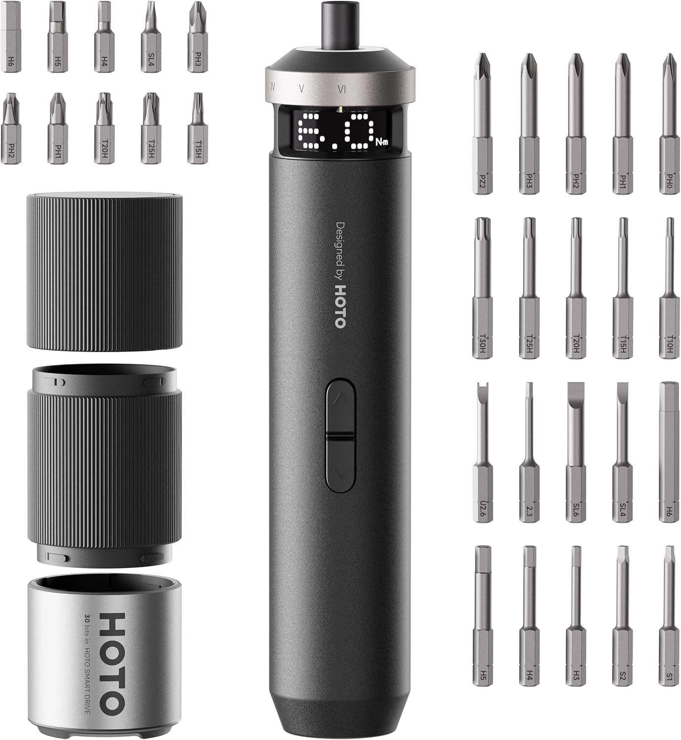PixelDrive Electric Screwdriver, Smart Display, 6 Torque Settings, 0.5 to N·m, 1/4'' Hex 30 Bits, LED Light, 2000 mAh Rechargeable Cordless Screwdriver Set for Electronics, Gadgets Men