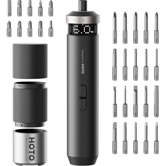 PixelDrive Electric Screwdriver, Smart Display, 6 Torque Settings, 0.5 to 6 Nm, 1/4'' Hex 30 Bits, LED Light, 2000 mAh Rechargeable Cordless Screwdriver Set for Electronics, Gadgets for Men