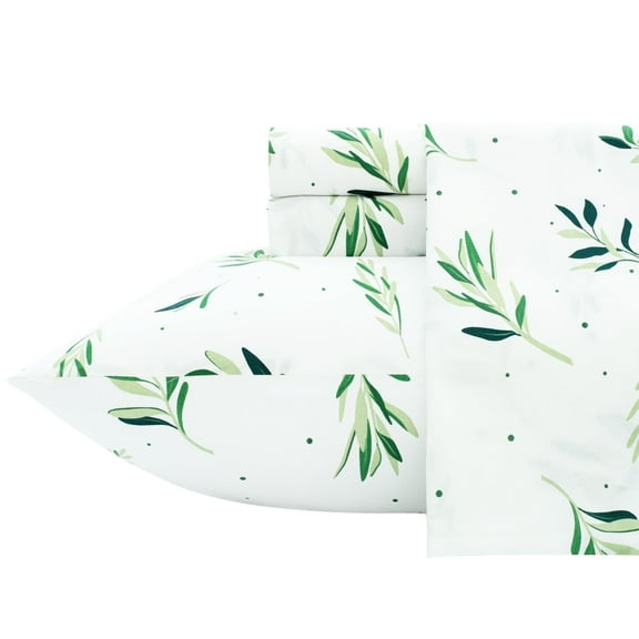 PixelForge 100% Cotton Full Size Sheets,4 Piece Pure Percale Bed Sheets Set Deep Pocket Fits Mattress Upto 15",Botanical leaf print