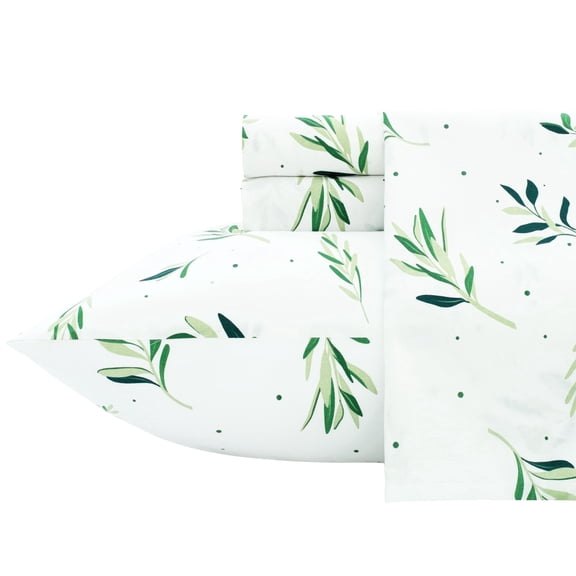 PixelForge 100% Cotton Queen Size Sheets,4 Piece Pure Percale Bed Sheets Set Deep Pocket Fits Mattress Upto 15",Botanical leaf print