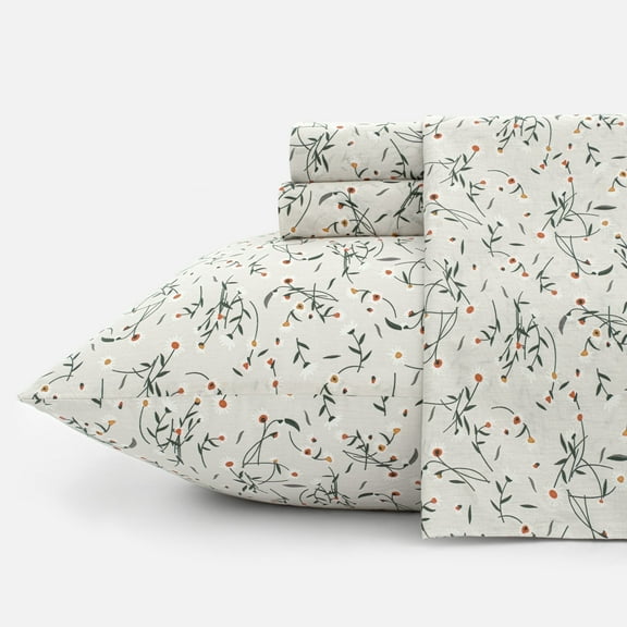 PixelForge 100% Cotton Queen Size Sheets,4 Piece Pure Percale Bed Sheets Set Deep Pocket Fits Mattress Upto 15",Floral Sprig Pattern