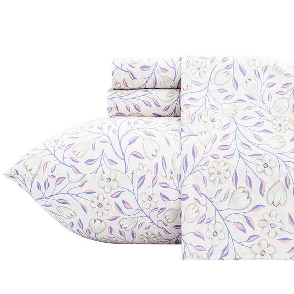 PixelForge 100% Cotton Queen Size Sheets,4 Piece Pure Percale Bed Sheets Set Deep Pocket Fits Mattress Upto 15",floral vine pattern