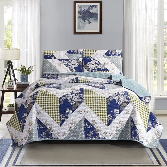 PixelForge Farmhouse Floral Patchwork Quilt Set,Coverlet Set,3 Piece Gingham Bedspread Set,Blue,King