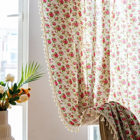 PixelForge Floral Curtains 84 inch Linen Farmhouse Curtains for Living Room,Flower Patterned Light Filtering Bedroom Window Curtain,1 Panel,Beige