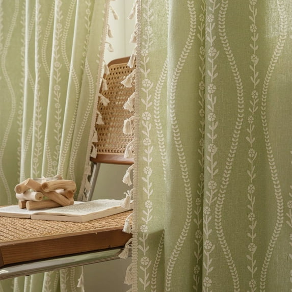 PixelForge Linen Floral Patterned Window Curtains, 52in x 84in, Green, Semi-Blackout Light Filtering