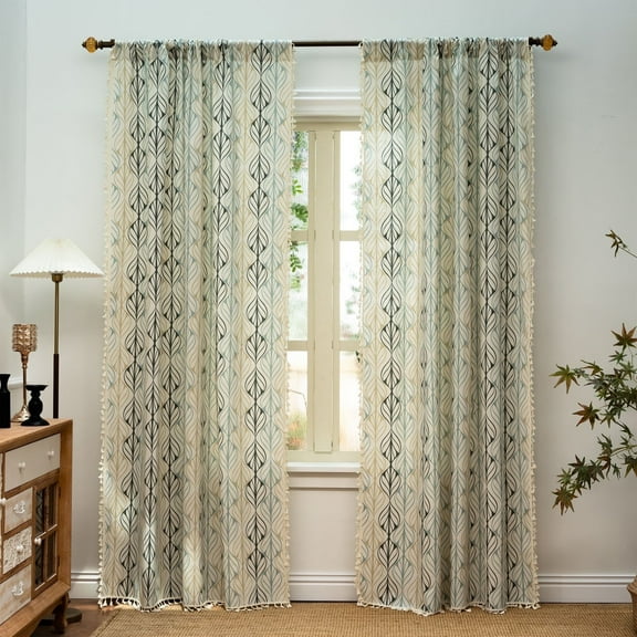 PixelForge Linen Farmhouse Curtains for Living Room 86 inch Country Curtains,Leaf Pattern Rod Pocket Semi Blackout Curtain,1 Panel