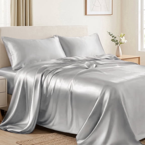 PixelForge Queen Satin Sheet Set, Silky Satin Bed Sheets, Silk-Like Sheets for Hair & Skin, 4 Piece, Gray, 14" Deep Pocket