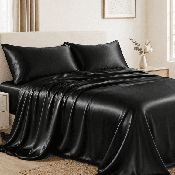 PixelForge Queen Satin Sheet Set, Silky Satin Bed Sheets for Hair & Skin, 4 Piece, Black, 14" Deep Pocket