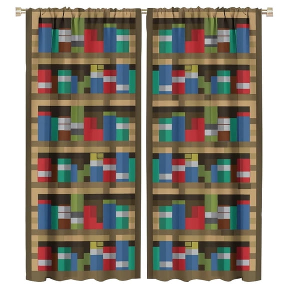 Pixelated Bookshelf Curtain for Kids, Shelf with Books in Pixel Art Style Game Concept Rod Pocket Window Treatments Drapes for Girls Boys Bedroom Playroom 42"W x 96"L (Pack of 2)
