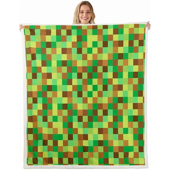 Pixelated Grid Bed Blanket,Geometric Camo Blocks Blankets for Couch or Bed,Miners Gamepad Games Fleece Blanket Soft Warm,Green Brown Bedding for Kids Adults Women Gift(40x50 Inches)