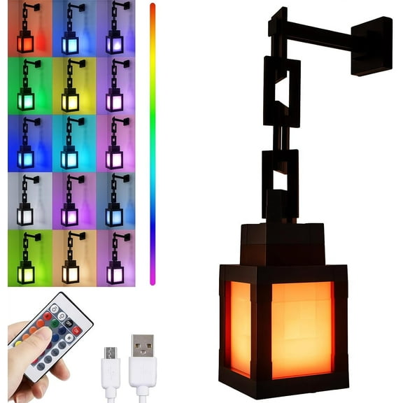 Pixelated Lantern LED Night Light,16 Colors Rechargeable LED Lamp with Remote, Rechargeable Retro Table/Wall Night Lamp,for Bedroom Gaming Kids,Home Decoration (A, with Chain)