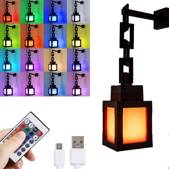 Pixelated Lantern Light for Minecraft Gamer, LED 16 Color Changing Hanging Lantern Lamp for Boys Kids Room, USB Rechargeable Wall/Tabletop Night Lights Man Girls Bedroom Wall Decor, 2026 New Year Gif