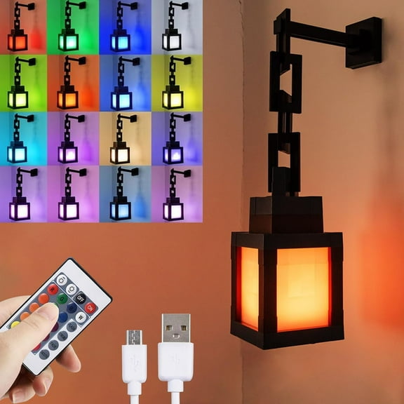 Pixelated Lantern Night Light,16-Color Led Wall Mood Night Light,with Touch Switch&Remote Control-Rechargeable Night Lamp,Perfect for Cosplay Costumes LED Bedside Lamp for Boys' Rooms (1)