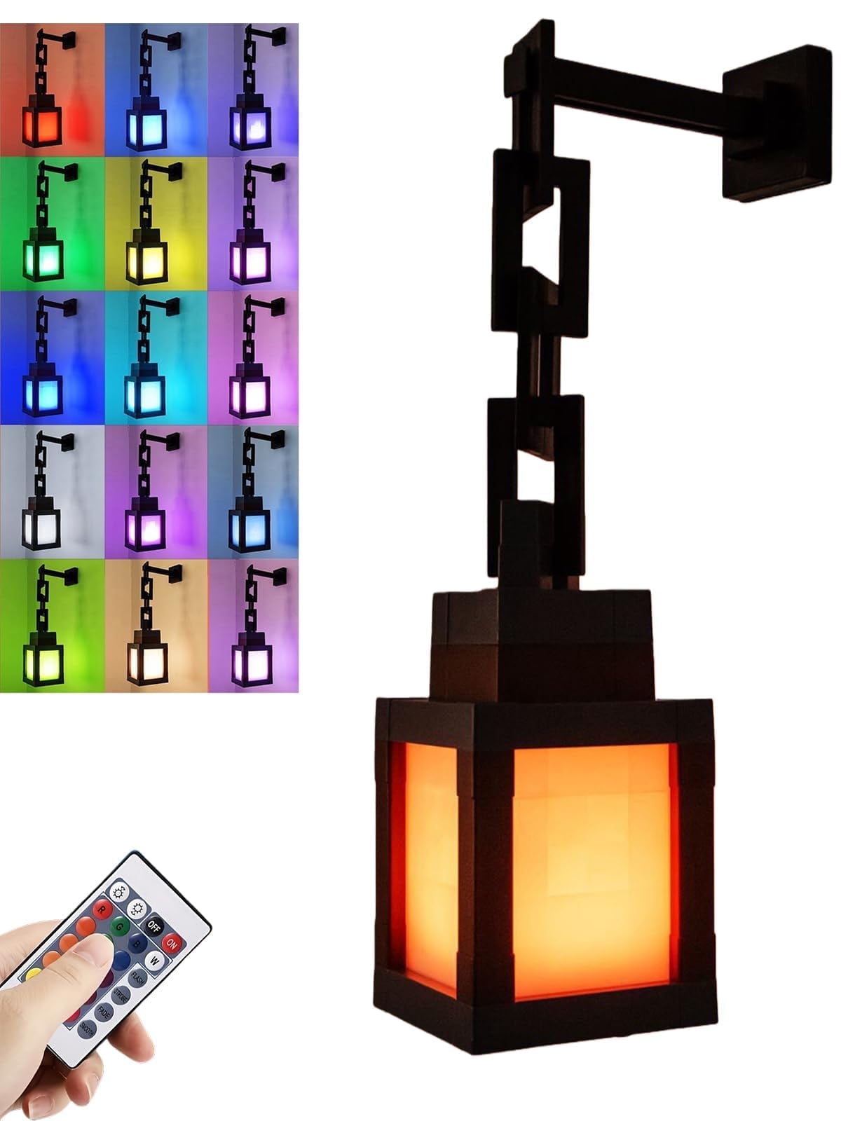 Pixelated Lantern Night Light, 16 Colors Rechargeable LED Lamp with Remote, Retro Pixel Style Table/Wall Light for Bedroom Gaming Kids Room Decor
