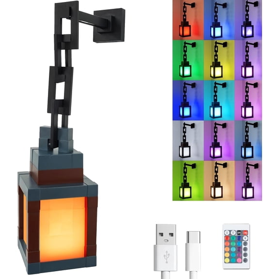Pixelated Lantern Night Light Lamp - 16 Color RGB Hanging Mood Light with Chain