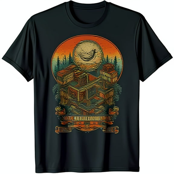 Pixelated Multi Level Building Graphic T-Shirt with Sunset & Moon Design