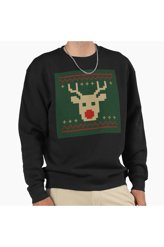 Pixelated Reindeer Face Christmas Unisex Sweatshirt Retro Vintage Holiday Graphic Style G7598, Up to Size 5XL