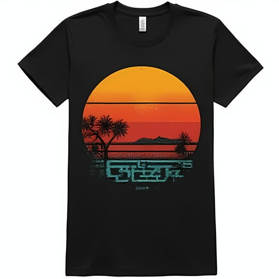 Pixelated Sunset Graphic Black T-Shirt with Silhouetted Trees Gettin There