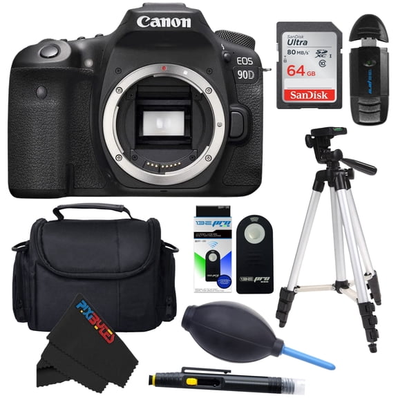 PixiBytes 90D Body with 64GB SD Card + Card Reader + Large Tripod + Camera Bag + Remote + Cleaning Accessories