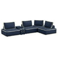 thumbnail image 1 of Pixie 5Pc L-Shaped Modular Sofa w Speaker Console USB Storage Blue/Cream Fabric, 1 of 3