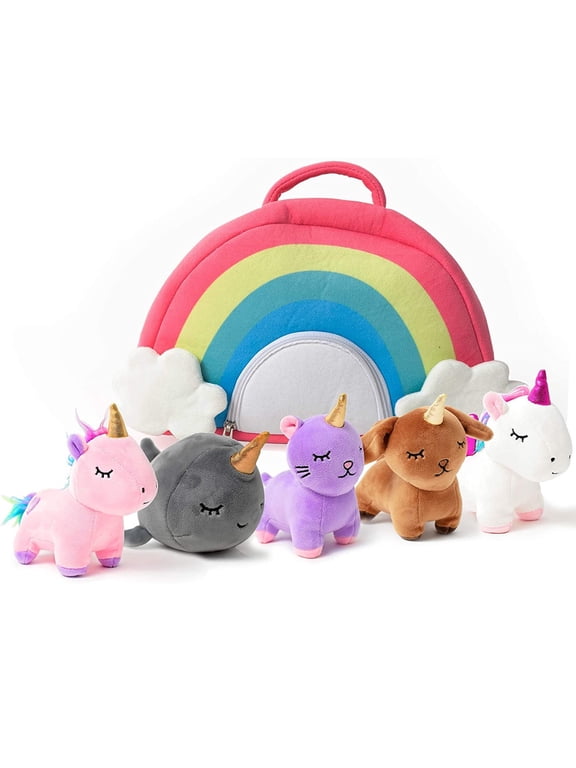 Pixie Crush Unicorn Toys Stuffed Animal Gift Plush Set with Rainbow Case 5 Piece Stuffed Animals with 2 Unicorns, Kitty, Puppy, and Narwhal Toddler Gifts for Girls Aged 3, 4, 5 ,6 ,7, 8 yr olds